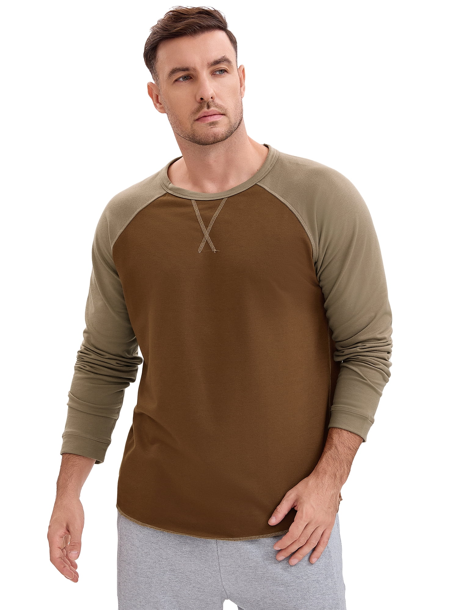 DARING DIVA Men's Long Sleeve Color Block Casual Raglan T-Shirt 2XL Brown Khaki