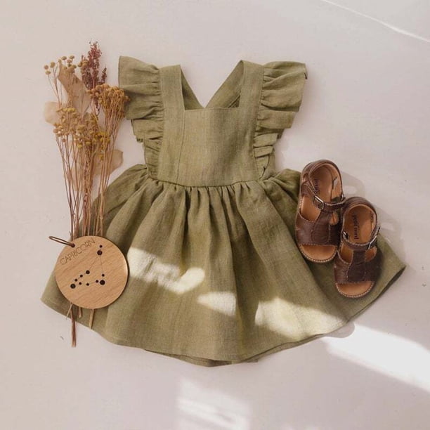 Verano primavera bebé niña vestido niñas pequeñas Fly manga sólido volantes sin mangas vestido de algodón de lino A-Line vestidos de fiesta 130 (5-6T) Gao Jinjia LED
