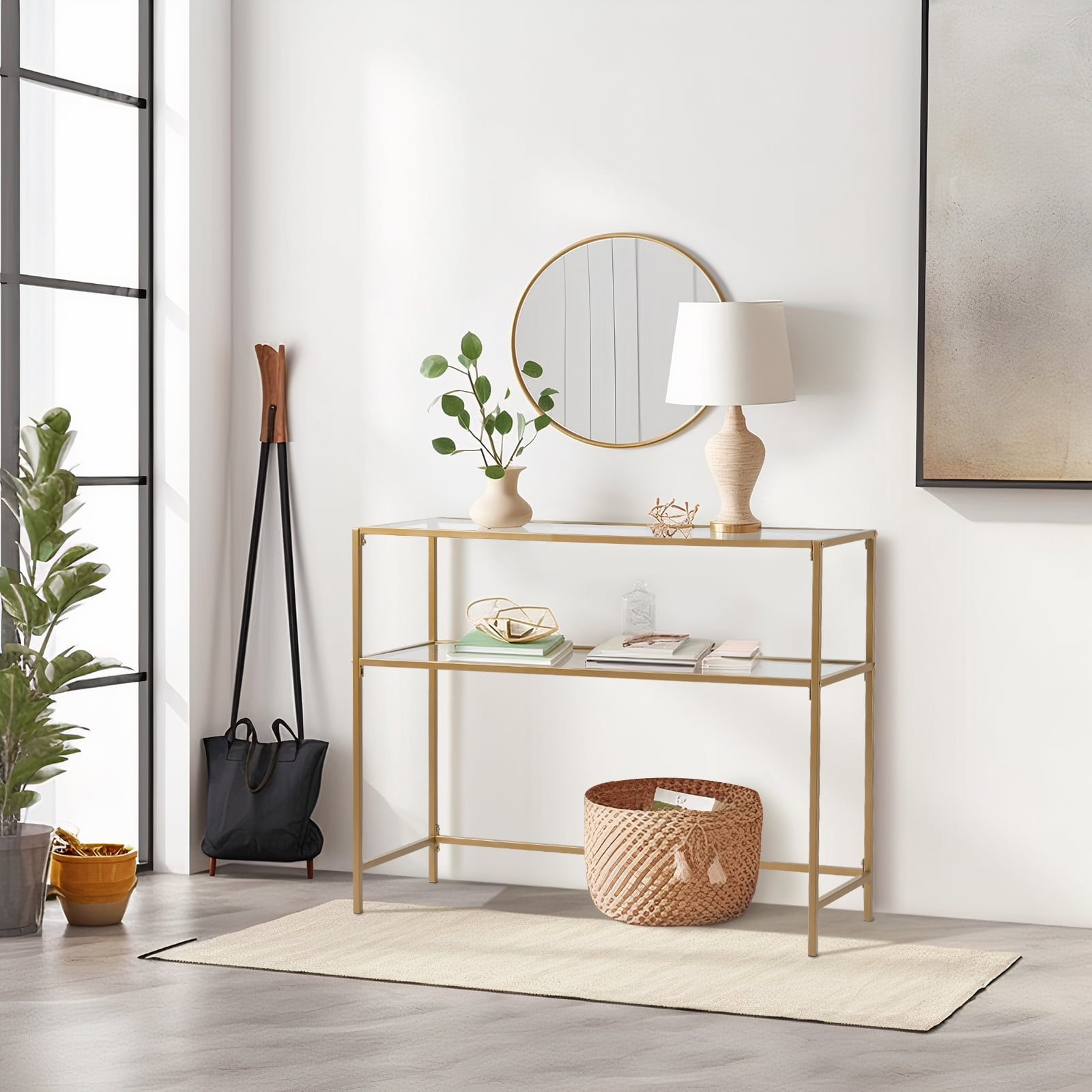 Ktaxon 2-Tier Glass Console Sofa Table, Modern Entryway Living Room Table with Tempered Glass Shelf Accent Table for Home Decor, Gold