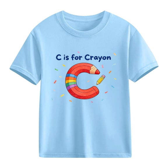Girls Alphabet Graphic T-Shirt | C is for Crayon Letter C Kids Top | Soft Cotton Shirt for Girls Sizes 4-10 | Light Blue,Size 4 T
