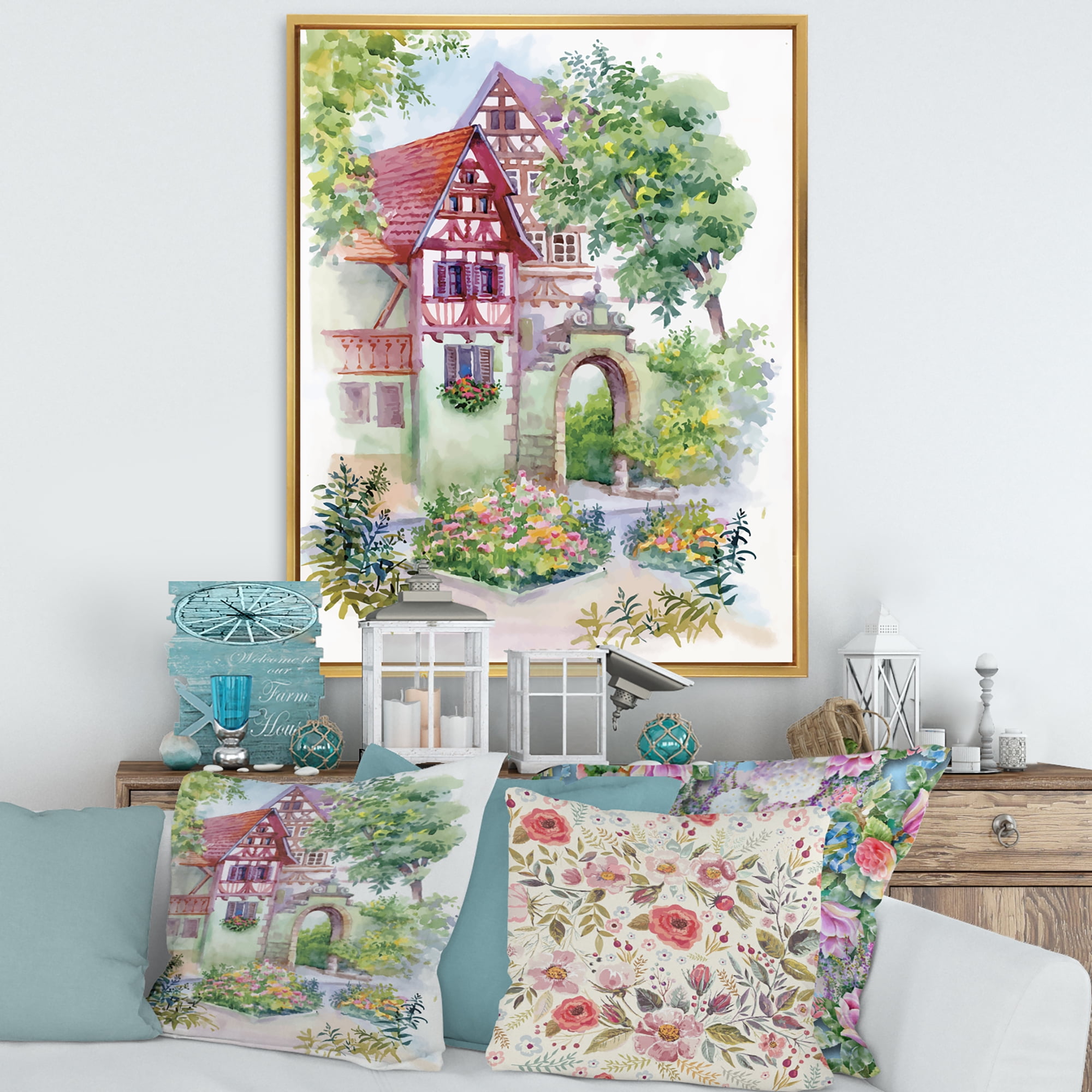 Red Rustic House In The Country Side Landscape 12 in x 20 in Framed Painting Canvas Art Print, by Designart