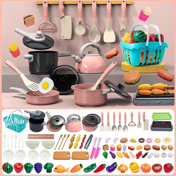 Twfbrm Kitchen Playset, Toddlers Pretend Cooking Cookware Accessories, Food, Picnic Blanket, Fruits, Veges, Shopping Storage Basket, Dessert and Prop Money, Gift for Kids