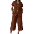 thumbnail image 2 of Sheghy Matching Set Cotton Women Drawstring Waist Blouse & 3/4 Length Wide Leg Pants 2 Piece Linen Blend Set, 2 of 6