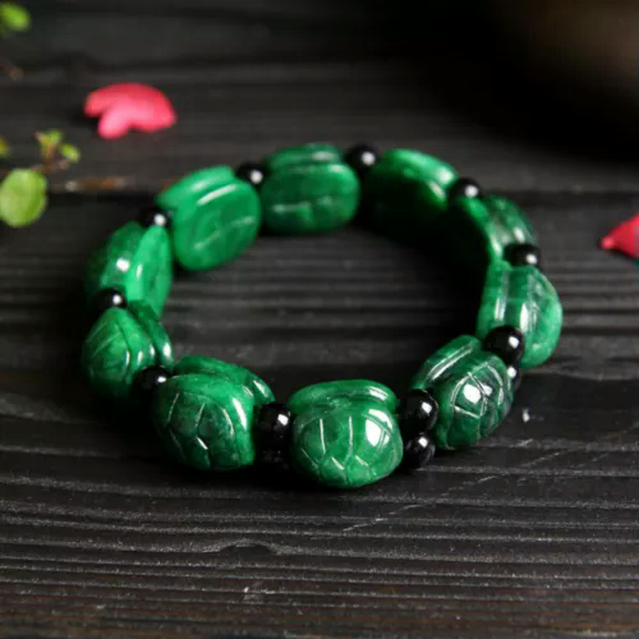 EOEMY Natural Jade Jadeite Bangle Women Lucky Green Turtle Shell Beaded Bracelet