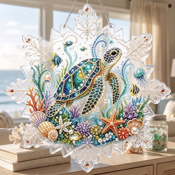 Christmas Pearl Diamond Art Suncatcher, DIY Sea Turtle Acrylic Craft, Featuring Design with Pearls, Rhinestones, Hanging Chain for Window Wall Holiday Decoration and Christmas Gift