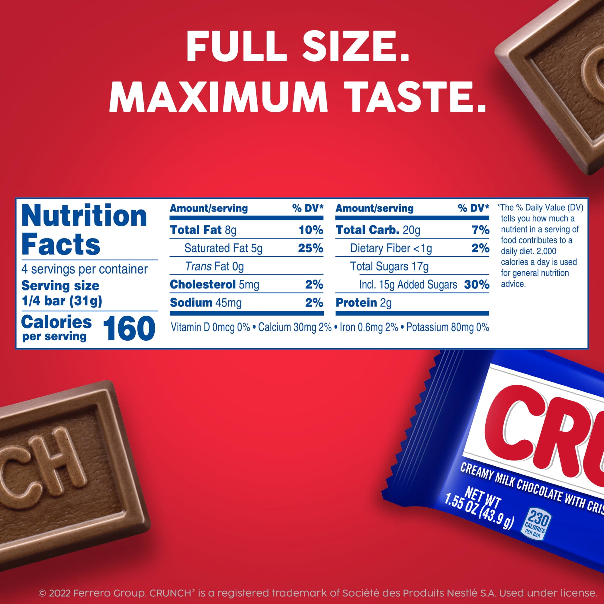 CRUNCH, Milk Chocolate and Crisped Rice, Full Size Candy Bar, 4.4 oz