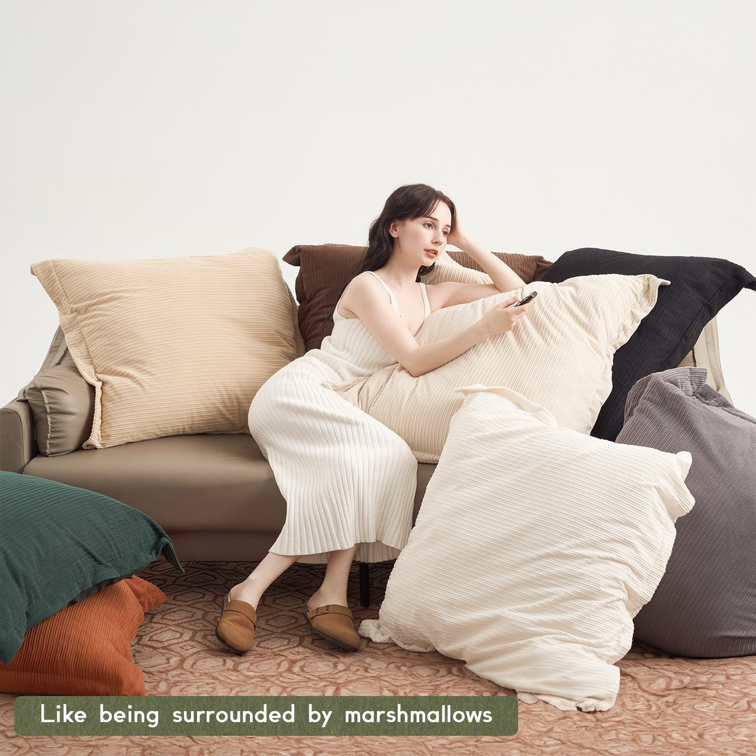 Set of 3 Oversized Throw Pillow Cover 28x28inch,Super Soft Striped Corduroy Neutral Earth Tones Pillow Cases for Bedroom,Living Room, Sofa Lounges,Girl Room（Camel, Beige & Pure White）