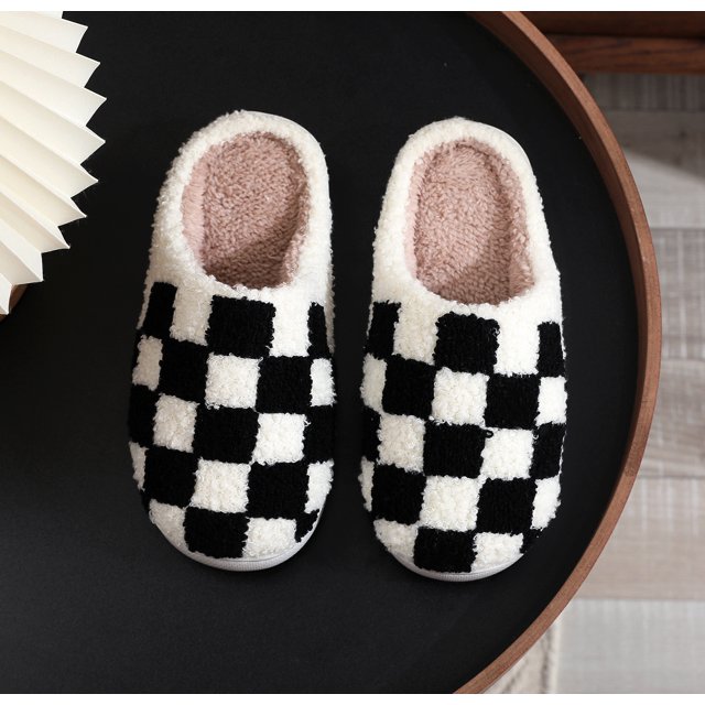 Pantuflas de algodón con cara sonriente para hombre y mujer, para el hogar, de invierno, con tablero de ajedrez, bordadas a cuadros, pantuflas peludas