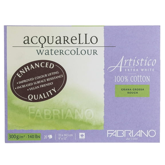 Fabriano Artistico Extra White Watercolor Block, 140 lb./300 gsm, Rough, 20 Sheets, 9" x 12"