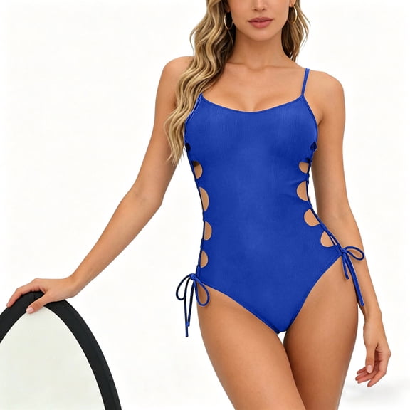 GUACER Women's One-Piece Bathing Suits Side Lace-Up Ribbed Cutout Monokini with Spaghetti Straps Swimsuit for Beach Resort