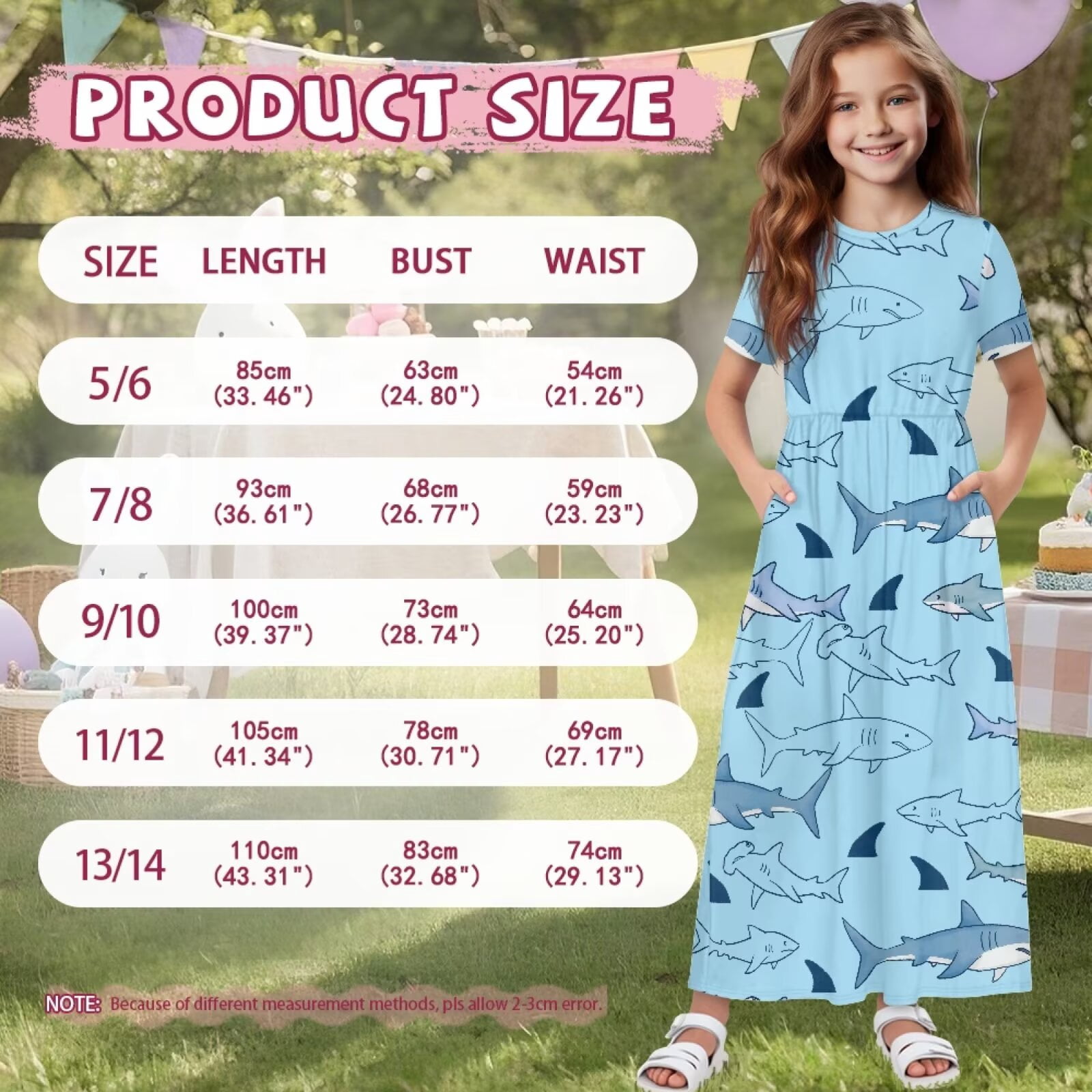 Uourmeti Blue Shark Print Girls Maxi Summer Dress with Pocket Short Sleeve Spring Boho Long Sundress Casual School for Kids, Size 5-6 Years