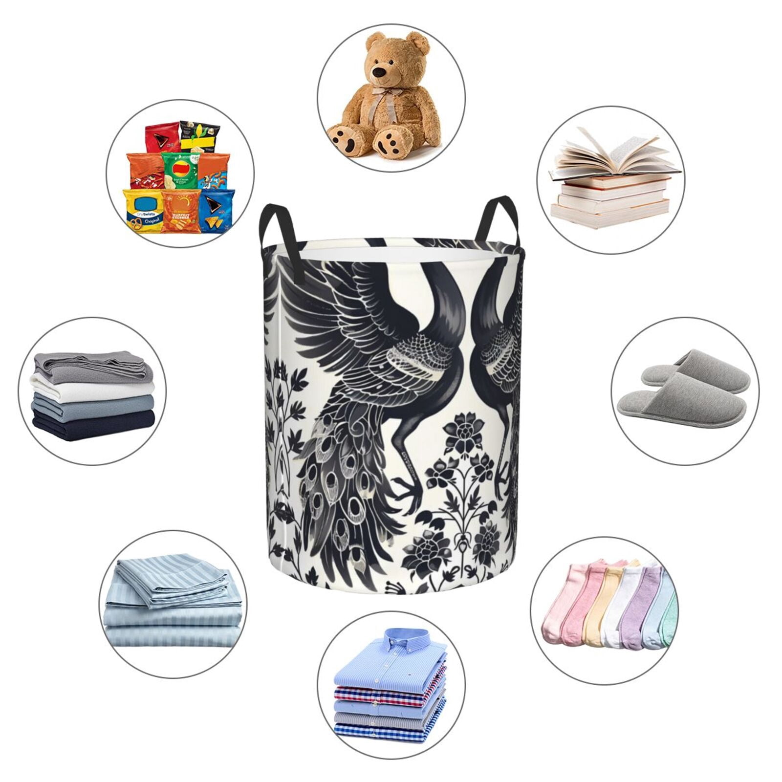 Fuzoiu Artistic Black White Peacocks Print Circular Hamper,Laundry Basket with Handle,Collapsible Laundry,Dirty Clothes Storage Basket,for Bedroom Bathroom Dorm Living Room-Small