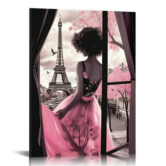JEUXUS Framed African American Wall Art Canvas Fashion Modern Black Girls Women Pink Beach Poster Prints Picture Painting Artwork Set for Bathroom Bedroom Living Room Wall Decor Ready to Hang