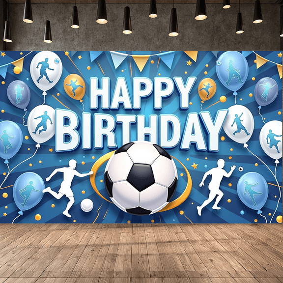 Blue Theme Banner Soccer Balloon Design Football for Birthday Party Kids Event Sports Celebration