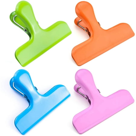 

hip clips stainless steel large 3 inch wide 4 assorted colors 4 Pack. Heavy-Duty Bag clips Airtight Seal for Food bags. Multipurpose metal clips for kitchen home or office (non magnetic)