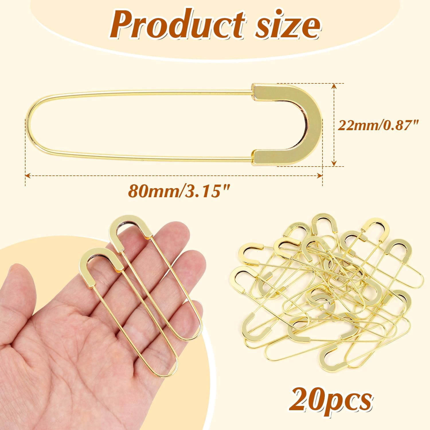 ABPETE Extra Large Safety Pins Heavy Duty 3 Inch-20 PCS Coilless Pins Sewing Pin Brooches-Giant Gold Safety Pins Jumbo for Quilting, Clothes,Jewelry,Shawls, Crochet,Decorative(Pale gold-20pcs)
