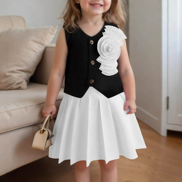 Conjunto de dos piezas de falda y top con hombros descubiertos y falda plisada de color liso para niños, estilo académico, de satén floral, de poliéster