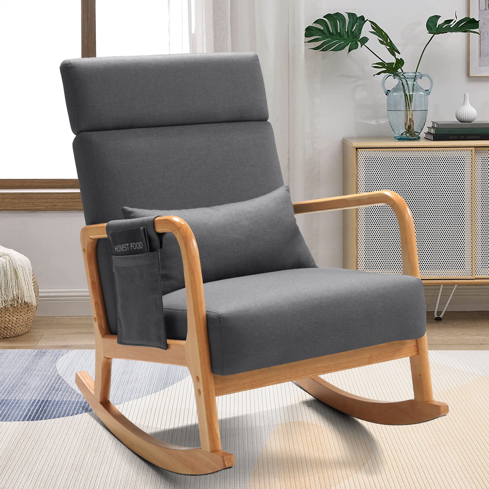 TEKAMON Modern Rocking Chair，Solid Wood Rocker with High Headrest and