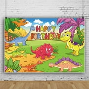 Happy Birthday Backdrop Cartoon Dinosaur Prairie Photography Background Watercolor Animals Plants Photography Background Baby Baptism Birthday Party Banner