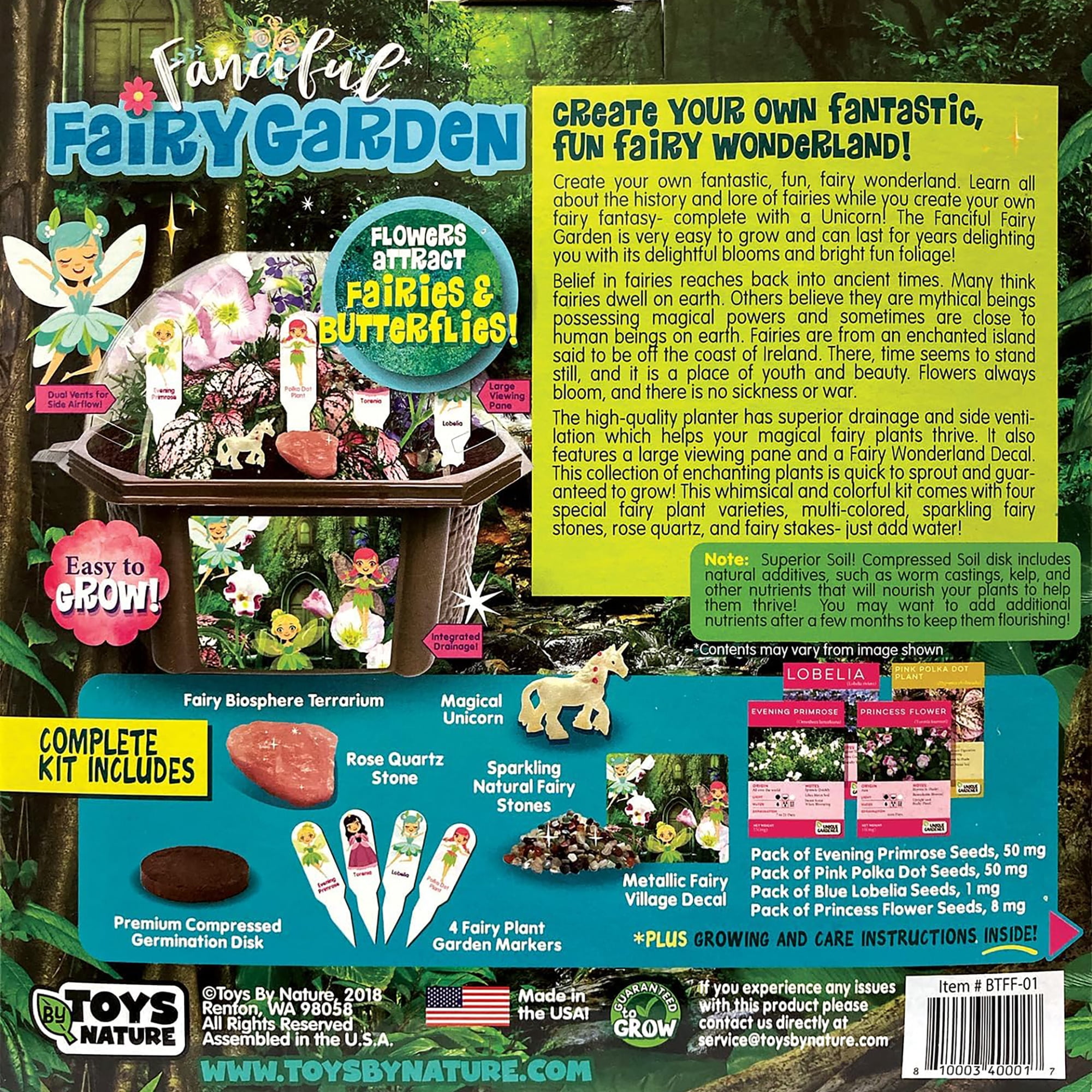 Toys By Nature: Fanciful Fairy Garden - DIY Biosphere Terrarium Kit, Grow & Decorate An Enchanting Plant Knoll, Stones & Unicorn Figure, Adult-Kids 4+