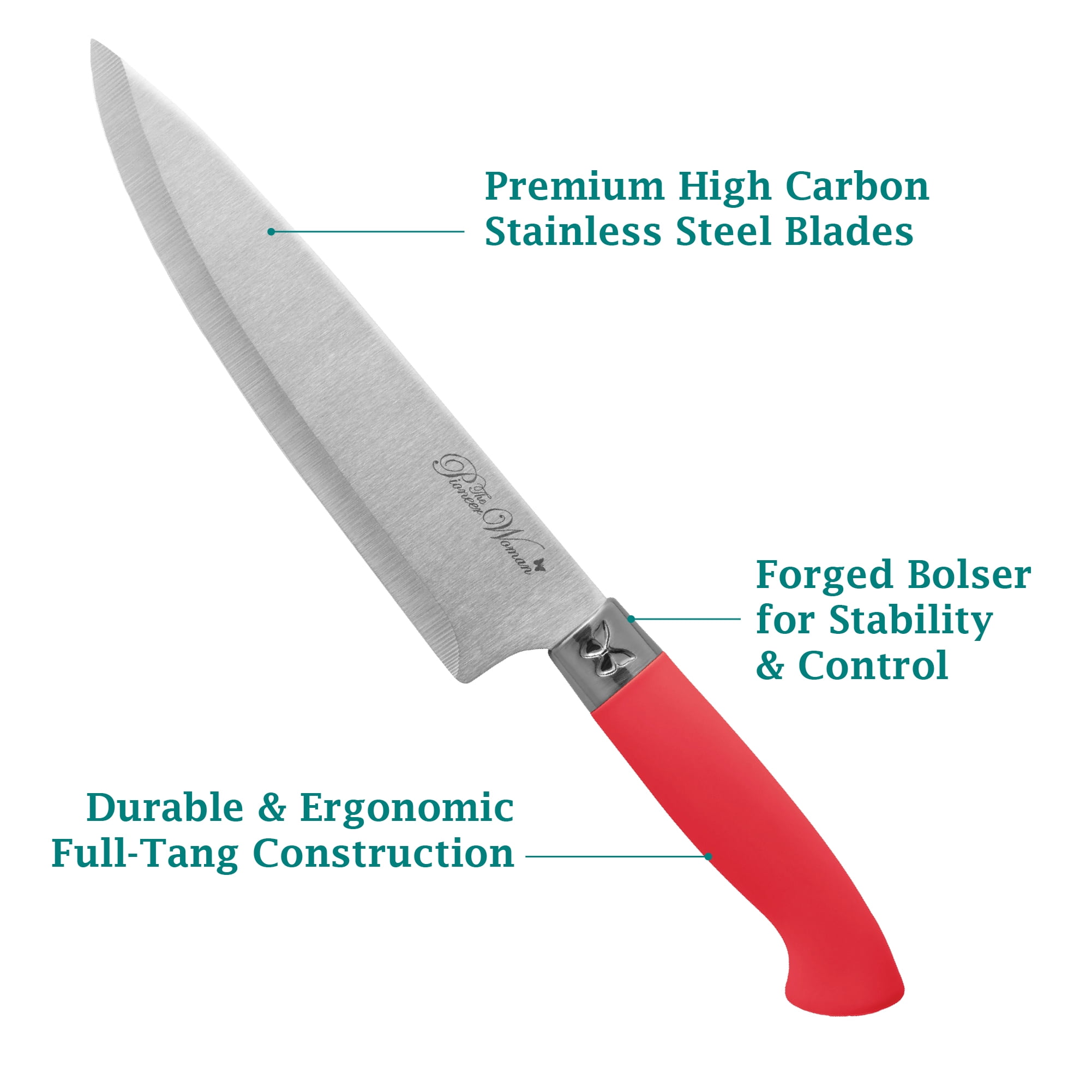The Pioneer Woman Sweet Rose 11-Piece Stainless Steel Knife Block Set, Red