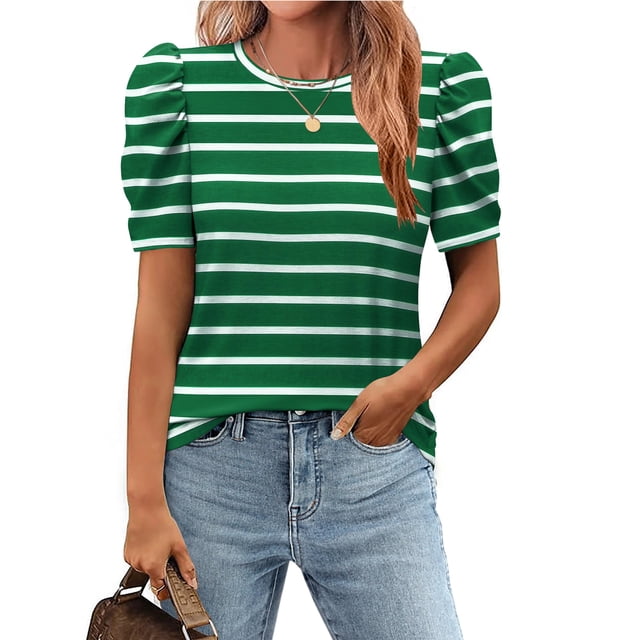 Blusa Zeagoo para mujer, a rayas, manga abullonada, cuello redondo, XXL