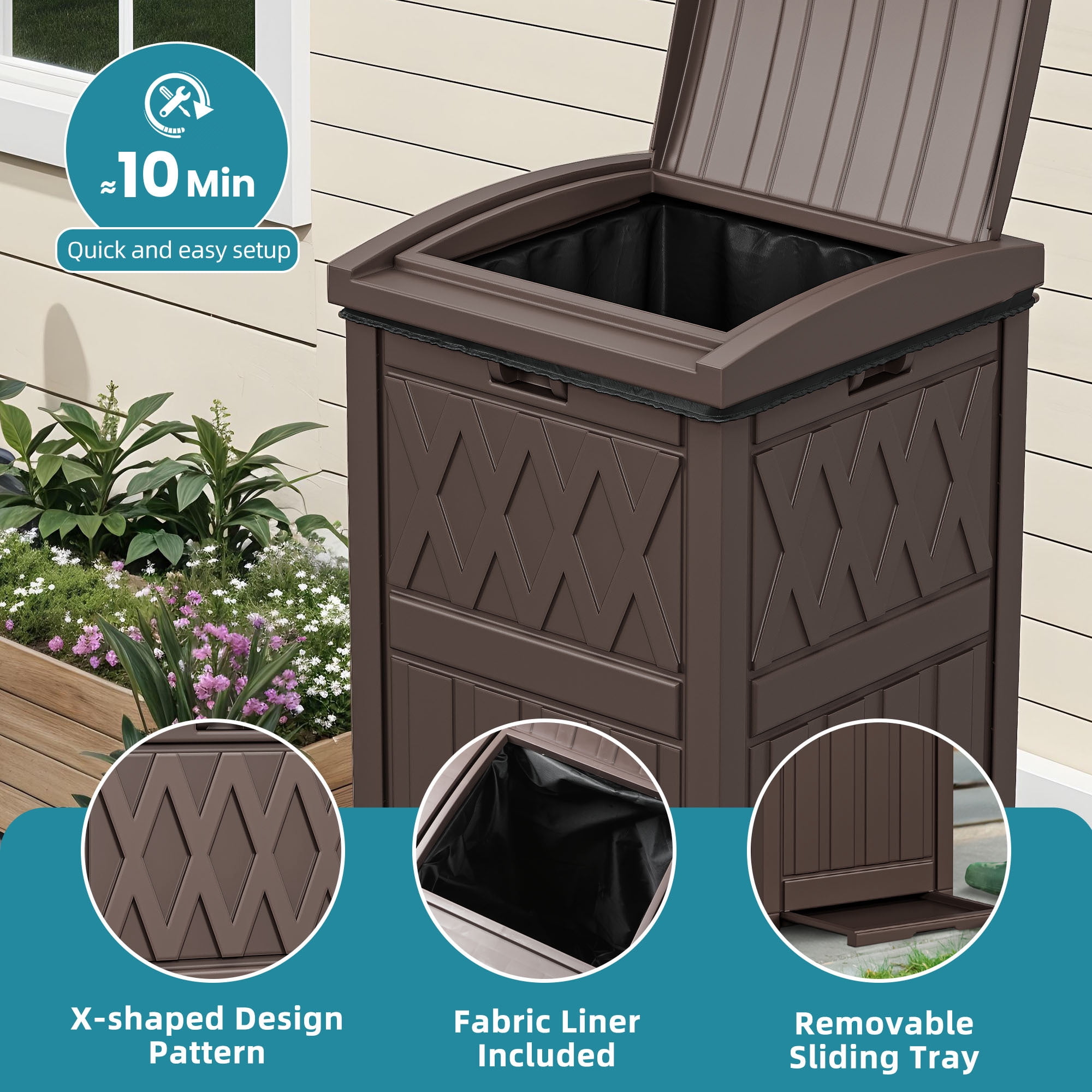 Uforic 32 Gallon Outdoor Trash Can, Waterproof Resin Garbage Bin with Lid & Drip Tray for Porch Backyard Patio, Dark Brown