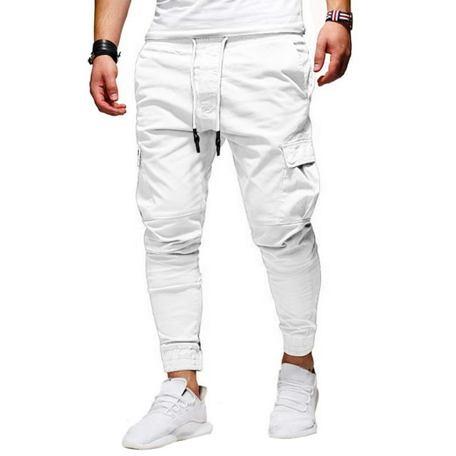FOCUSNORM Men Casual Jogger Pants Solid Color Drawstring Workout Cargo Trousers Sweatpants with Pockets Travel Streetwear