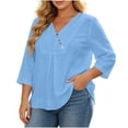 thumbnail image 2 of ClodeEU Women's V Neck 3/4 Flared Bell Sleeve Pleated Tunic Blouse,Casual Loose Plus Size Top Blue,Women's Plus L, 2 of 7