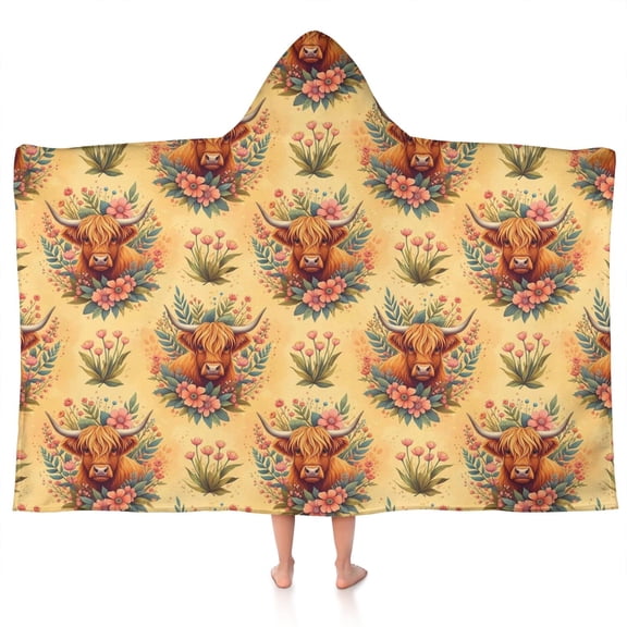 Yellow Highland Cow Flower Pattern Hooded Bath Towel,50"x30" for Ages 3 To 12 Kids, Quick Dry Lightweight Soft Microfiber Hood Beach Towel Cover Up for Kids