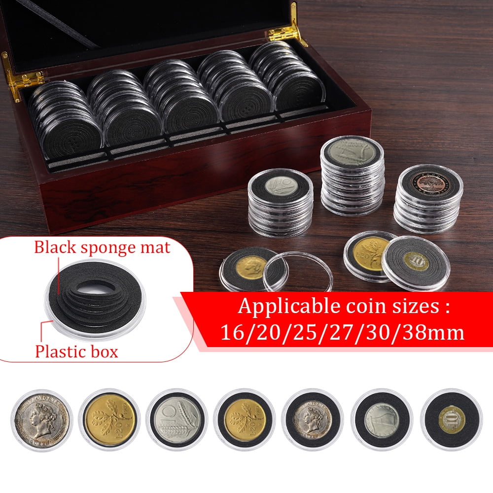 Vorfor 50Pcs Wooden Coin Storage Box, Coin Collector Display Commemorative Coin Case with 6 Sizes Foam Gasket and Plastic Storage Organizer Box