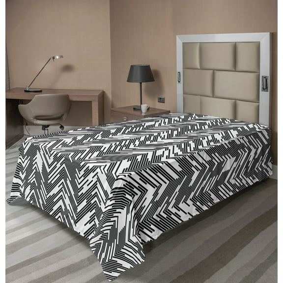 Ambesonne Black and White Flat Sheet, Chaotic Chevron, TwinXL Size, Black White