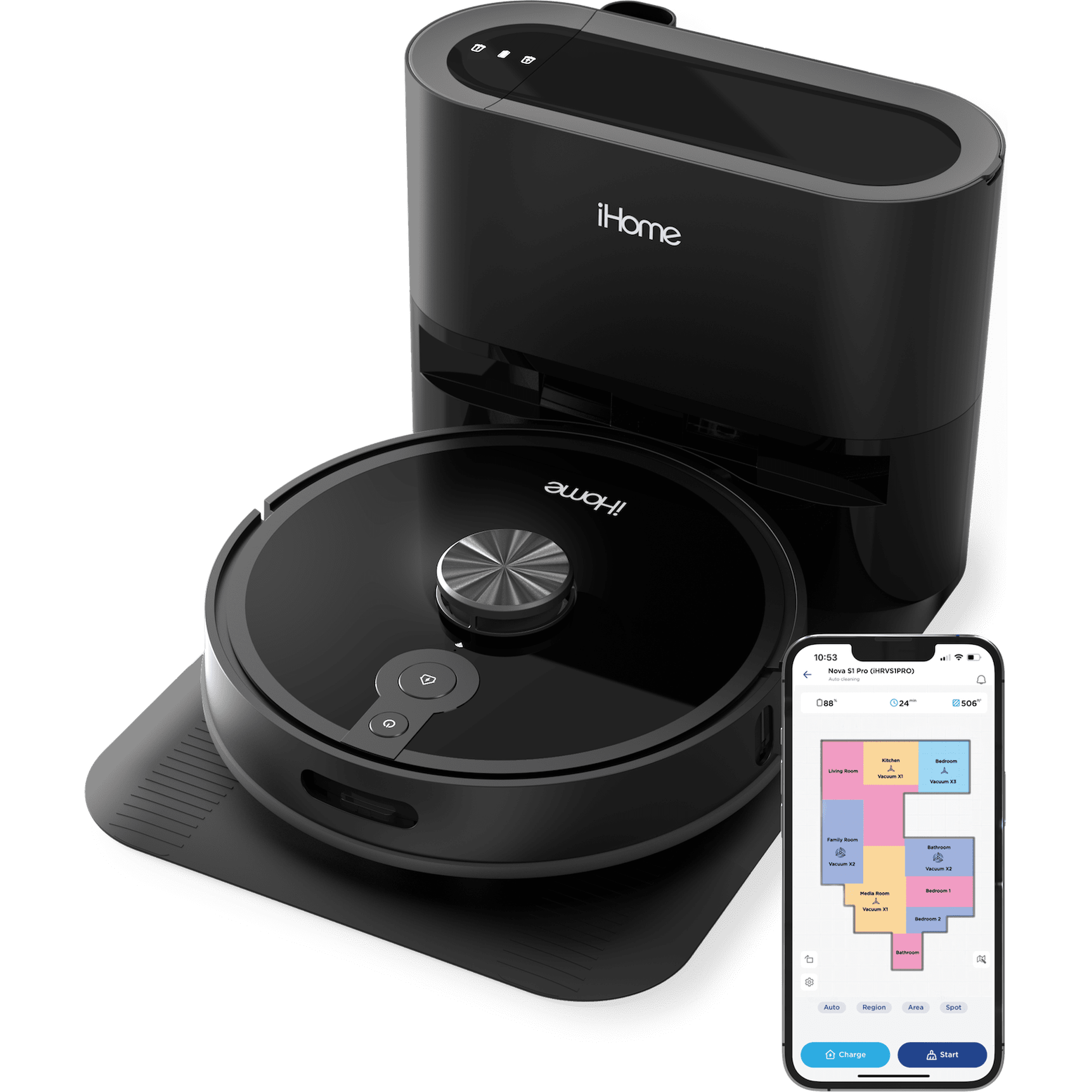 iHome AutoVac Nova S1 Pro Robot Vacuum — LIDAR Smart Mapping, Self-Empty Base, 150-Min Runtime & Strong Suction for Hard Floors & Carpet