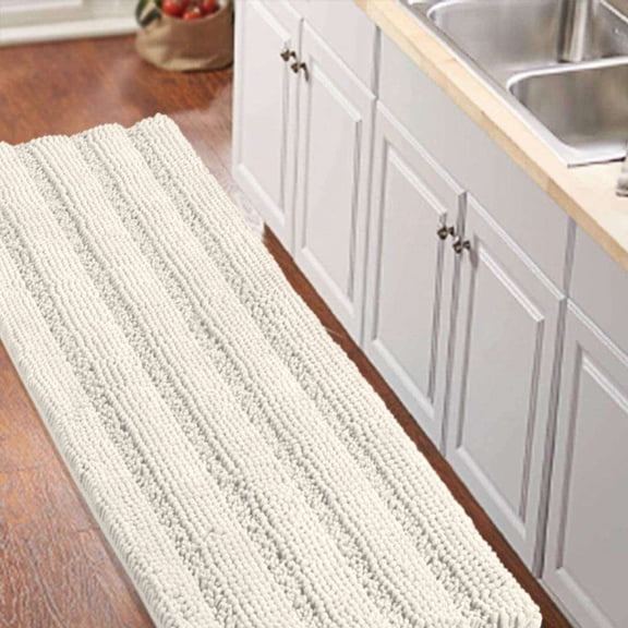LKIFFA-Non-Slip Kitchen/Bath Rug Runner Luxury Chenille Shaggy Bathroom Rug Mat Cream Bath Mat, Ultra Soft and Cozy, Super Absorbent Large Shaggy Rugs, Washable Carpet Kitchen Mats, 59"x20", Cream