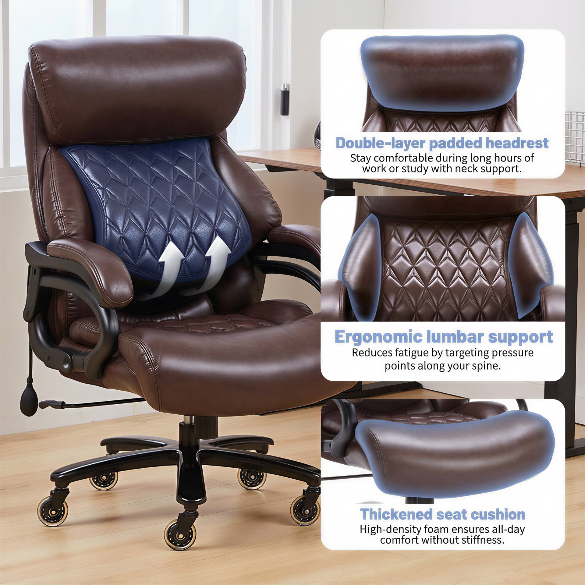 Bananova Big and Tall Office Chair 600 lbs, Extra Wide PU Executive Desk Chair with Adjustable Lumbar Support, High Back Ergonomic Computer Chair with Rocking , Thick Cushion for Home Office, Brown