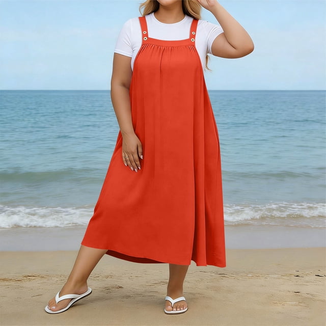 XiYing Robes pour Femmes, Robe Maxi Décontractée de Mode pour Femmes Grande Taille à Encolure Carrée avec Boutons, Bretelles, Dos Plissé et Détails de Buste,