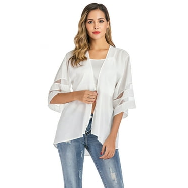 DODOING Women's Swimsuit Beach Cover Up Chiffon Cardigan Shirt Bikini Beachwear Bathing Suit Beach Front 3/4 Sleeve Loose Tops Plus Size