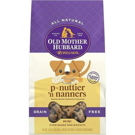 Old Mother Hubbard by Wellness Classic P-Nuttier  N Nanners Grain Free Natural Dog Treats  Crunchy Oven-Baked Biscuits  Ideal for Training  Mini-Size  16 ounce bag