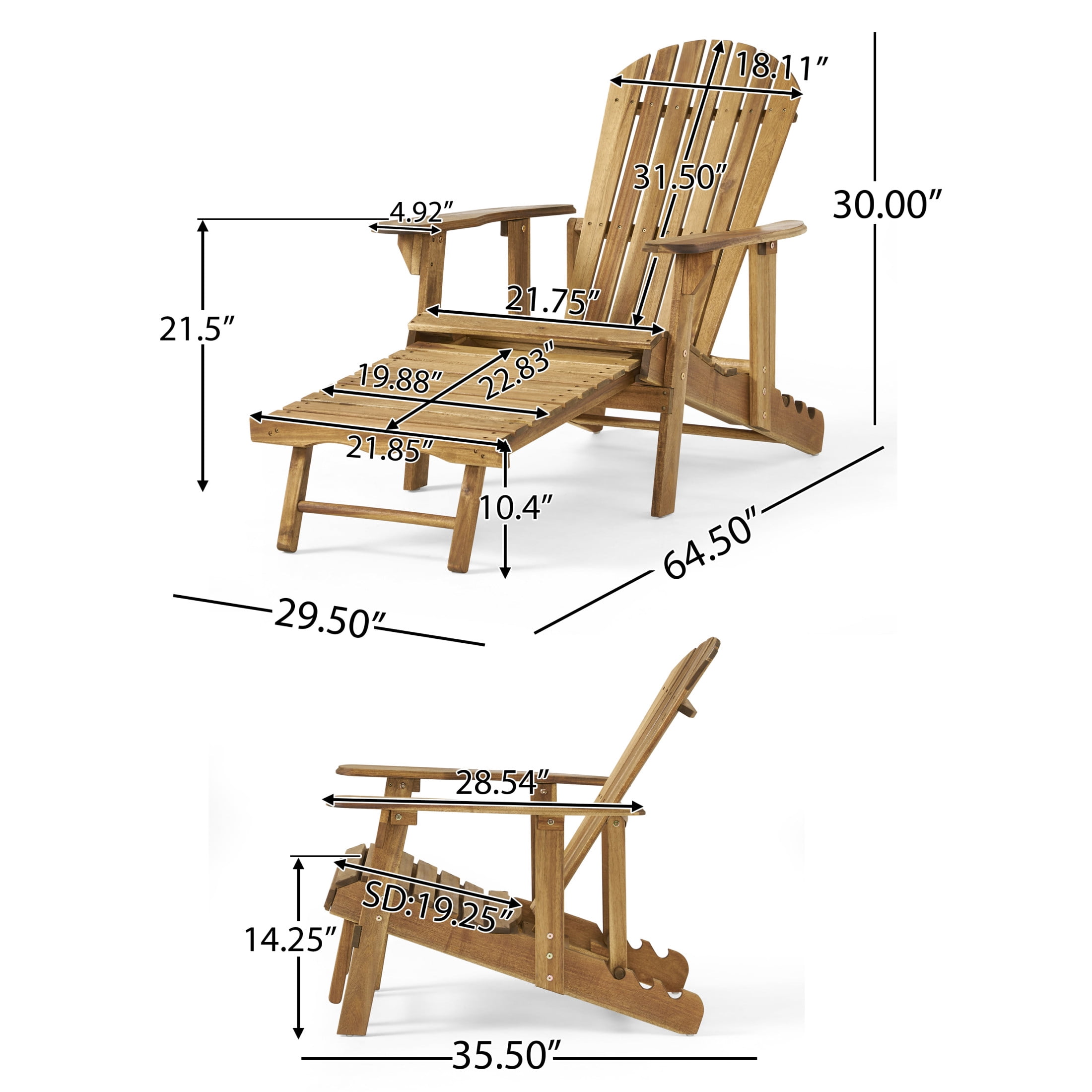 Ryeker Outdoor Outdoor Acacia Wood Reclining Adirondack Chairs, Set of 2, Natural Brown