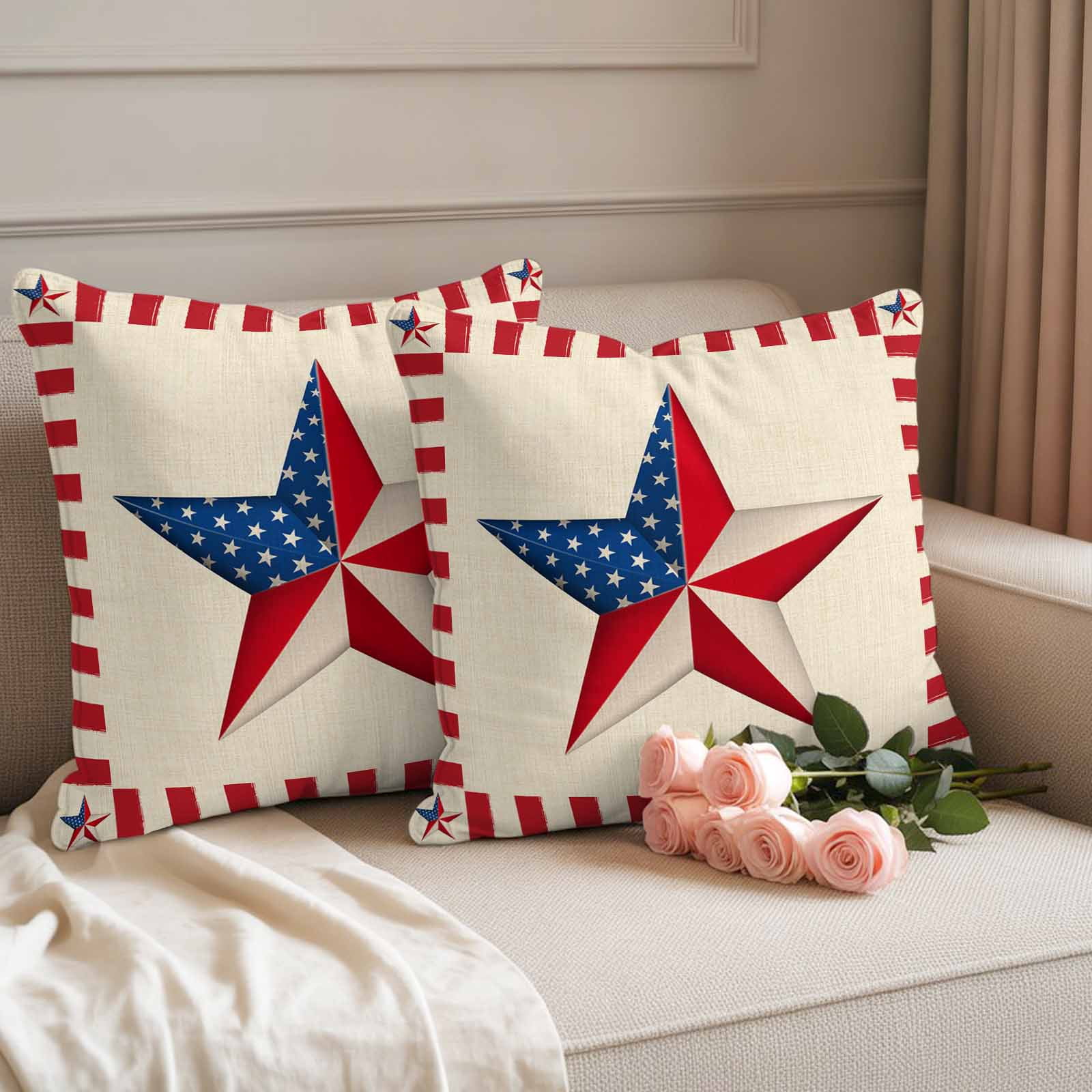 Independence Day Pillow Covers 2 Pack Farmhouse American Flag Pentagram Pillowcase Waterproof Outdoor Throw Pillow Cover for Patio Garden Square Cushion 24”x24”