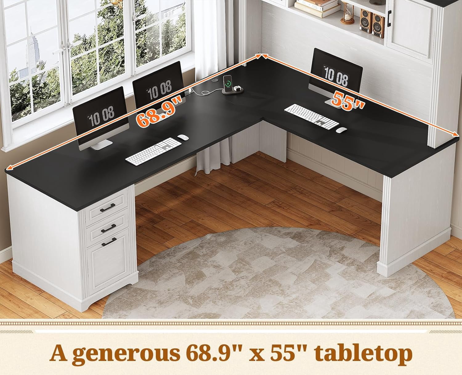 Farmhouse L Shaped Desk with Hutch and 3 Drawers, 68.9" Executive Office Desk with Power Outlet Open Shelves, Elegant Corner Desk Computer Desk with Storage Shelves for Home Office, White