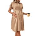 thumbnail image 2 of Womens Short Sleeve Button Down Casual Maternity Dress with Belt Shirt Style Pregnancy Dress Khaki XXL, 2 of 9