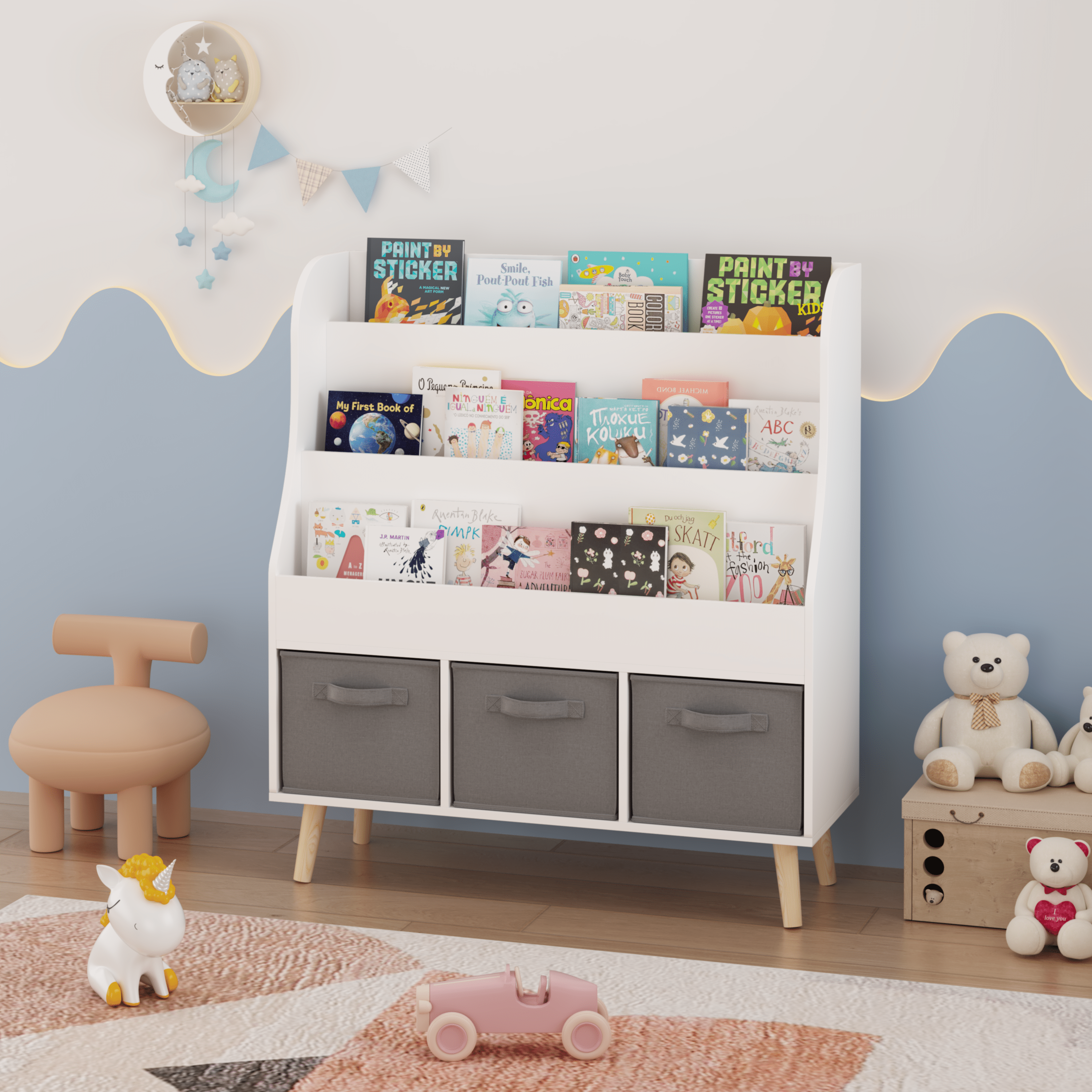 Kids Furniture Kids Bookshelf with 3 Fabric Storage Bins, White Wooden Book Display Organizer for Toddlers and Children, Front-Facing Book Rack with Pine Legs for Playroom, Nursery, or Bedroom,Baby F