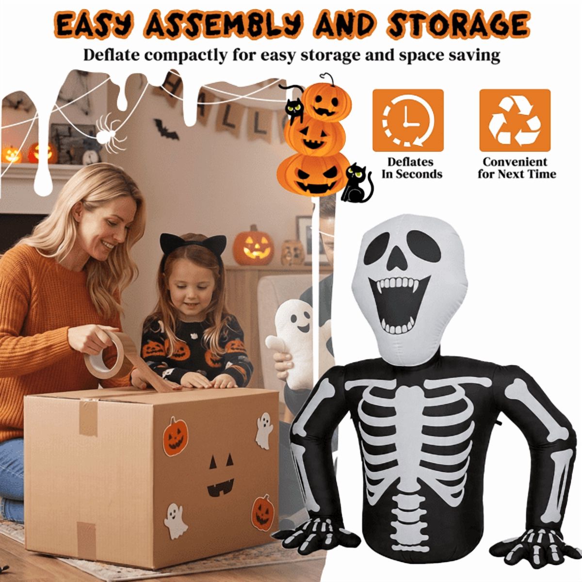 Alvantor 6 ft Halloween Inflatable Skeleton with 3 LED Lights, Black and White, for Outdoor Yard Display