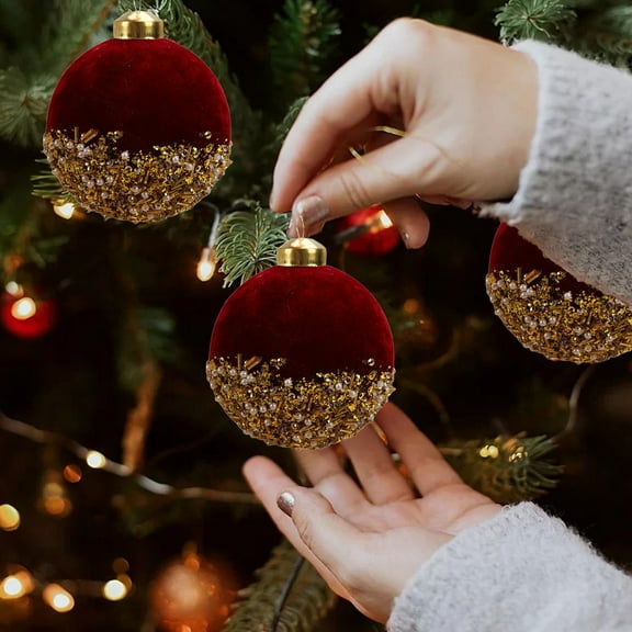 CSSAD Christmas Decorations Wine Red Flocked Glass Balls Suitable for Christmas Tree Pendants Window Scene Decorations