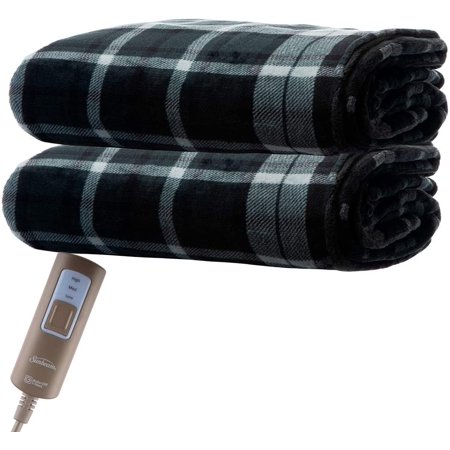 Sunbeam Electric Heated Velveteen Soft Plush Throw Blanket, Personal 3-Heat Settings, (Grey Plaid)