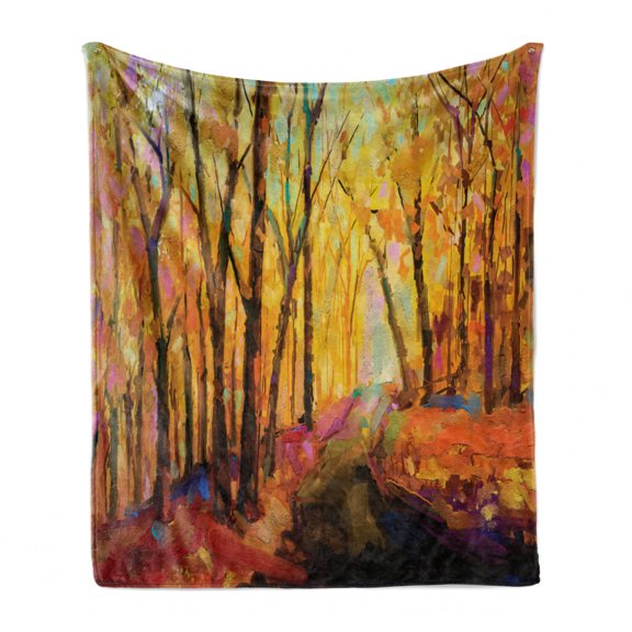 Autumn Soft Flannel Fleece Blanket, Oil Painting Design Illustration of a Path in the Forest During Fall Season Painting, Cozy Plush for Indoor and Outdoor Use, 50" x 70", Multicolor, by Ambesonne