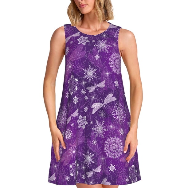 Fotbe Purple Snowflakes Vestido de Verano sin Mangas para Mujer – Vestido Midi Línea A, Estilo Camiseta Floral, Vestido Playero Casual y Fluido