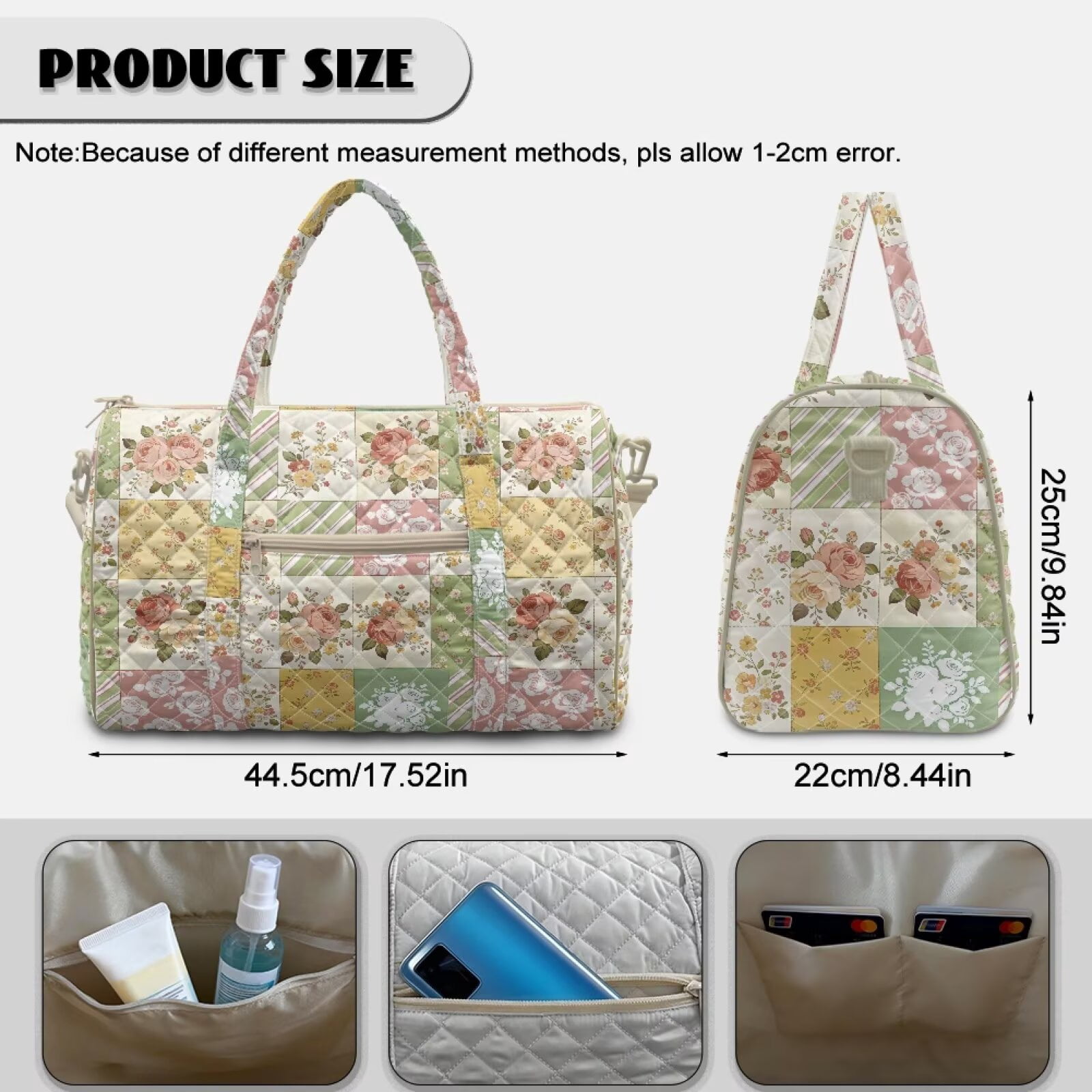 Pzuqiu Floral Patchwork Quilted Weekender Duffle Bag for Women Large Capacity Lightweight Carry On Travel Tote Overnight Gym Bag with Zipper Versatile for Trips Vintage Handbags