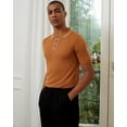 thumbnail image 3 of Kallspin Men's Vintage Knitted Polo Shirt Short Sleeve Solid Collared Golf Shirts with Button(Caramel,Large), 3 of 8